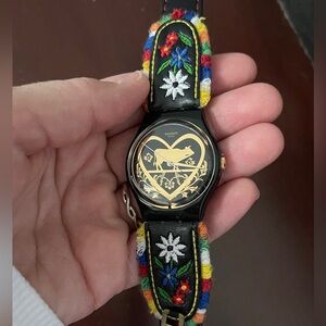 SWATCH Watch Black DIE GLOCKE Floral Embroidery and Cow Bell Detail
